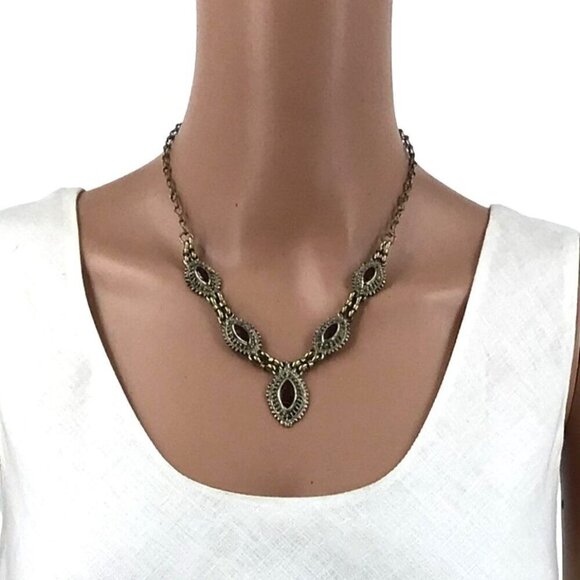 Art Deco Style Necklace Gold Tone Brown Hook Closure 16 Inch Length - Picture 2 of 2